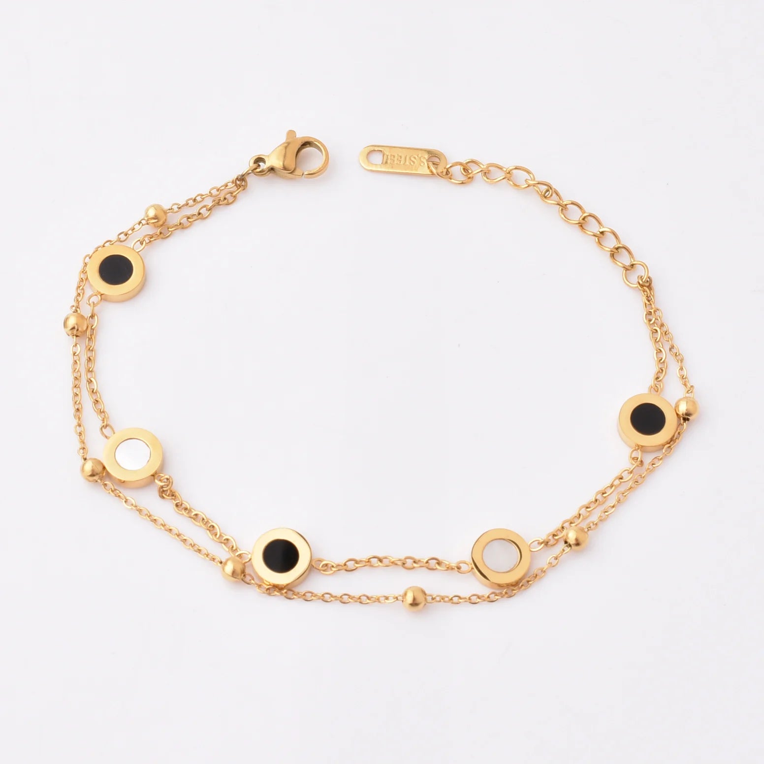 Gold Stainless Steel Double Layer Double Sided Black and White Shell Women Adjustable Chain Bracelet