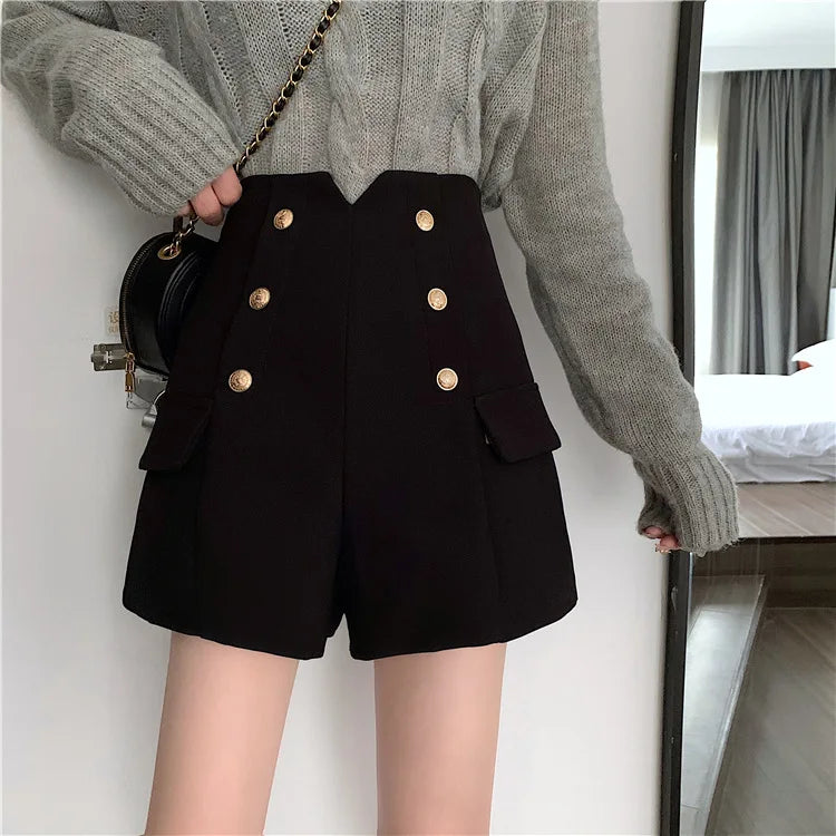 2024 New Casual Comfortable Elegant Wild Shorts With Belt Women's Woolen Shorts Autumn Winter Slim Wide Leg A-line Shorts