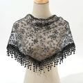 Women Hollow Lace Tassel Floral Print Black FashionTriangle Mantilla Scarf
