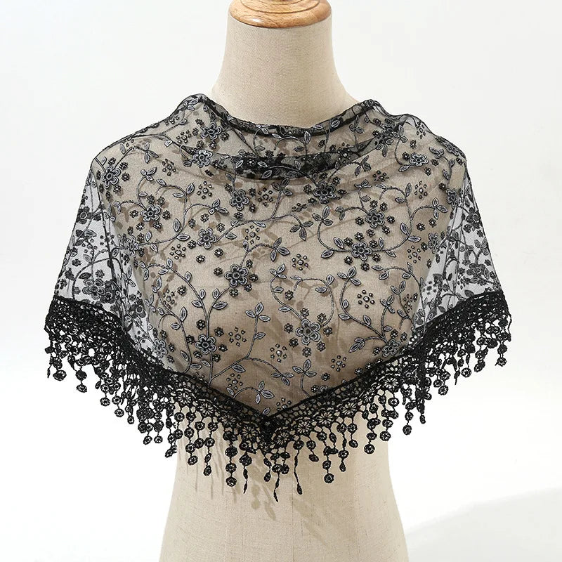 Women Hollow Lace Tassel Floral Print Black FashionTriangle Mantilla Scarf