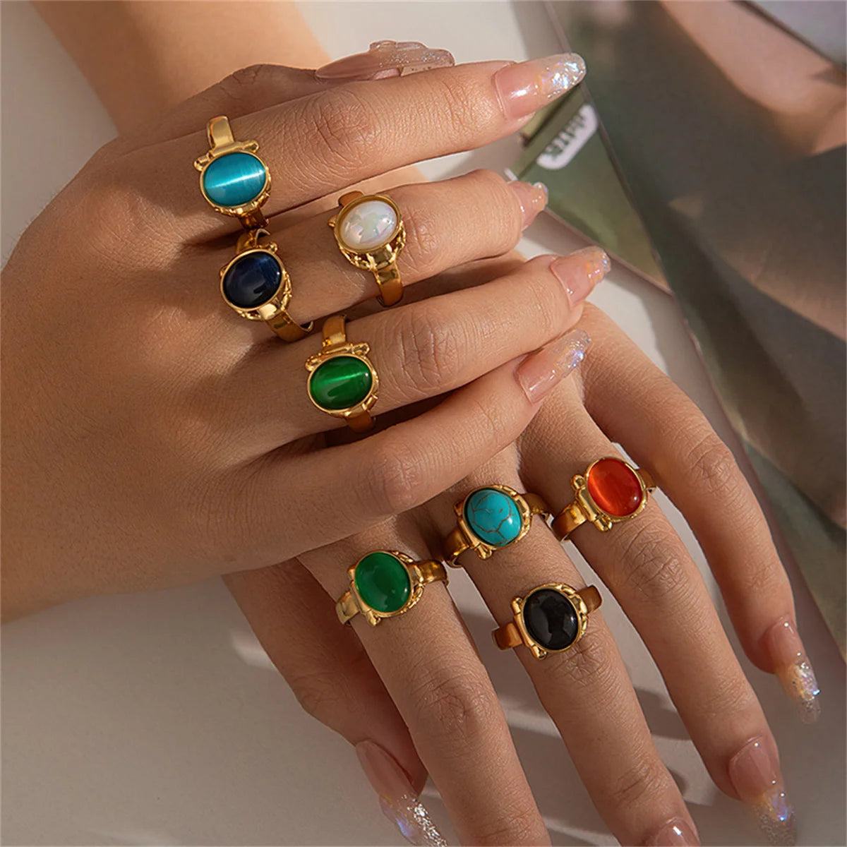 Stainless Steel Open Adjustable Colorful Stone Rings for Women Trendy Ladies Finger Ring Female Hand Accessories Fashion Jewelry