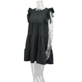 Elegant Women Summer Solid Color A-Line Dress Fold Design Ruffles Decor O-Neck Ruffles Short Sleeve Casual Loose Mini Dress