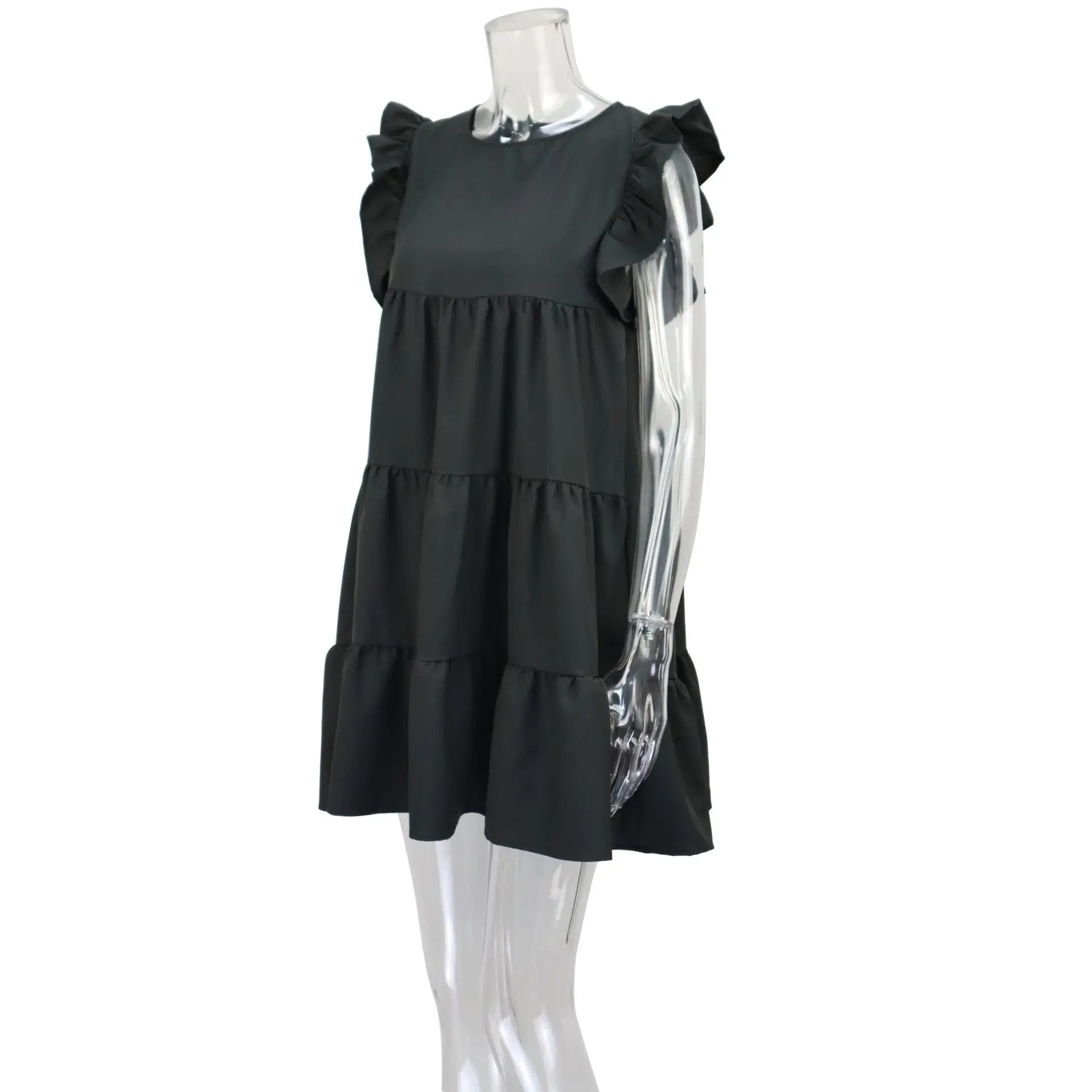 Elegant Women Summer Solid Color A-Line Dress Fold Design Ruffles Decor O-Neck Ruffles Short Sleeve Casual Loose Mini Dress