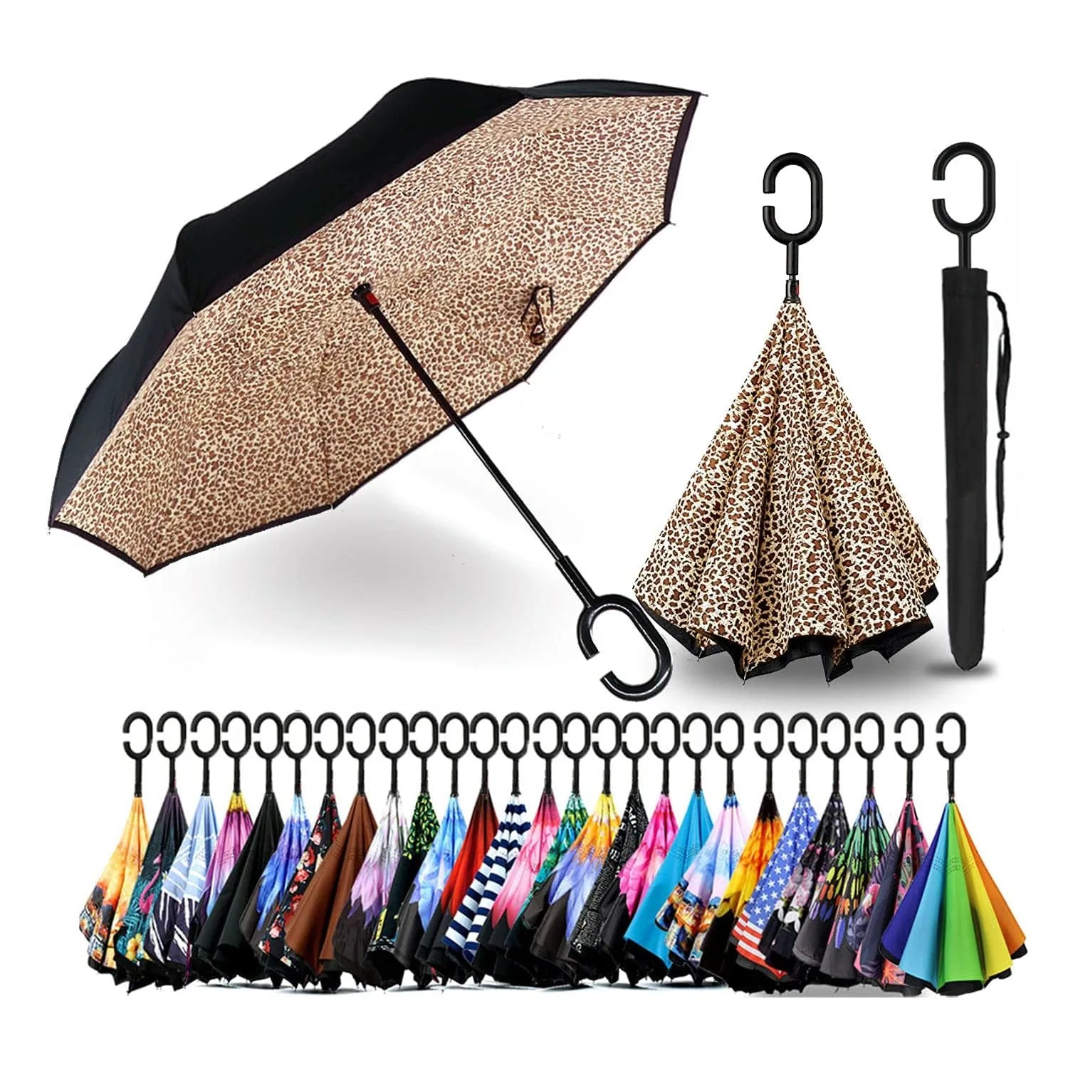 Double Layer Inverted UV Protection Reverse Umbrellas Windproof C Handle Leopard Print Reverse Umbrella