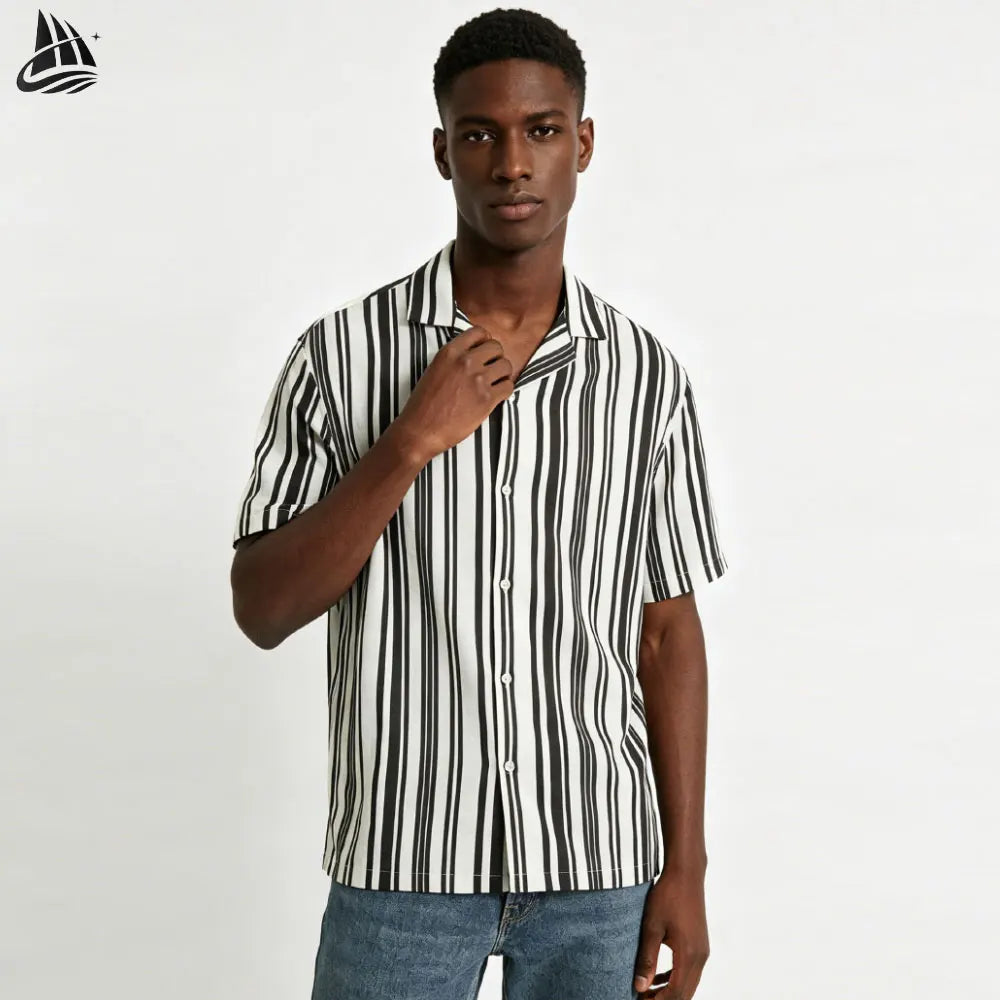 Custom Camp Collar Short Sleeve Blend Linen Stripe Shirt for Men