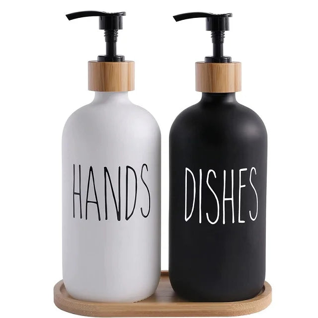 16oz Black Fortified Glass Bottle with Wooden Base Hand Wash Liquid Soap Dispenser for Bathroom Use