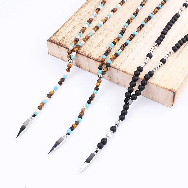 Classic Design Natural Stone Gemstone Beads 316L Stainless Steel Pendant Long Men Necklace