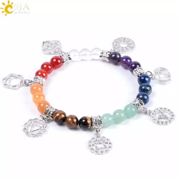 CSJA Wholesale 8mm Energy Healing Reiki Crystal Natural Seven Chakra Stone Beads Bracelet for Women E996