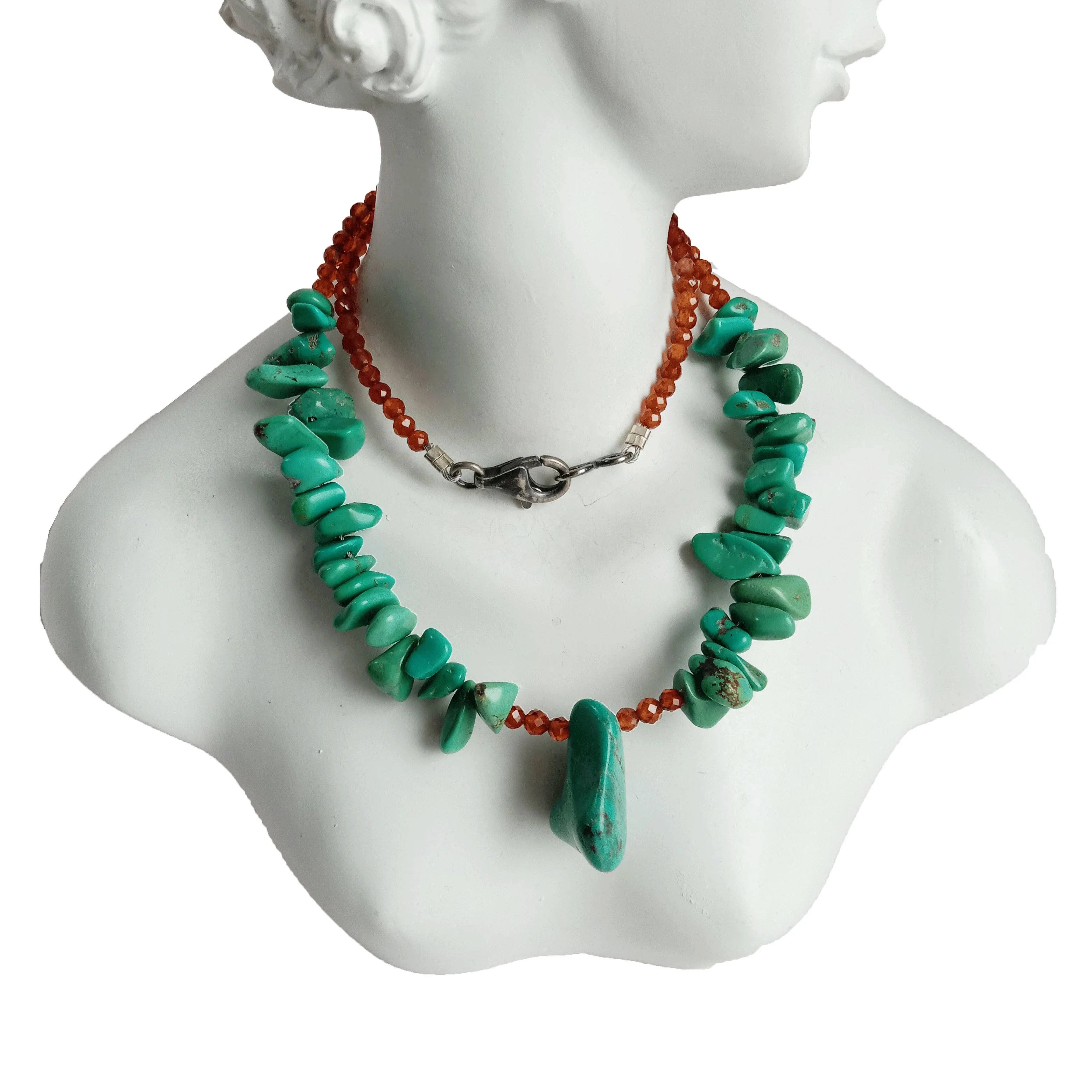 Natural Turquoise and Orange mandarin Garnet 925 Sterling Silver Large natural stone Turquoise Necklace