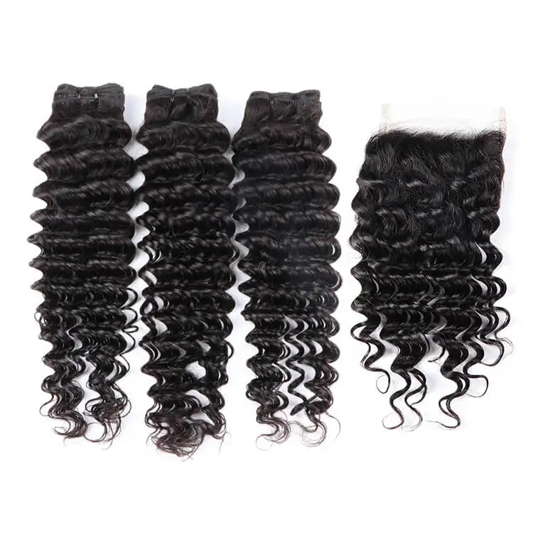 Vietnam Raw Natural Remy Chinese Virgin Deep Wave 100% Human Hair Bundles Peruvian Closure Machine Double Weft Wholesale 10A