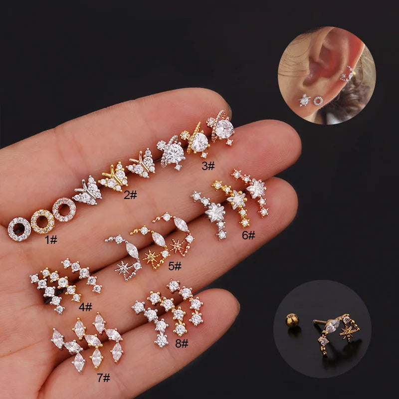 3 Colors Bend Long Bar Butterfly Star Satellite Shape Gold Cartilage Earring CZ Tragus Orbital Snug Helix Piercing Studs