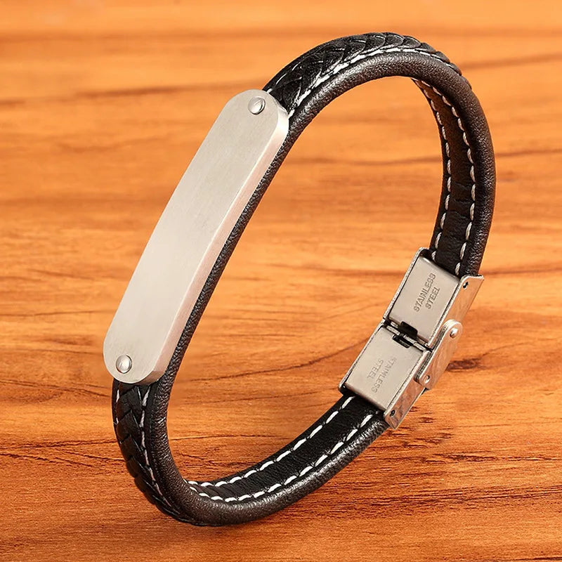 Trendy Popular DIY Customer Logo Wristband Engraved Stainless Steel Clasp Bracelet Handmade Genuine Leather Bangle Men's Jewelry