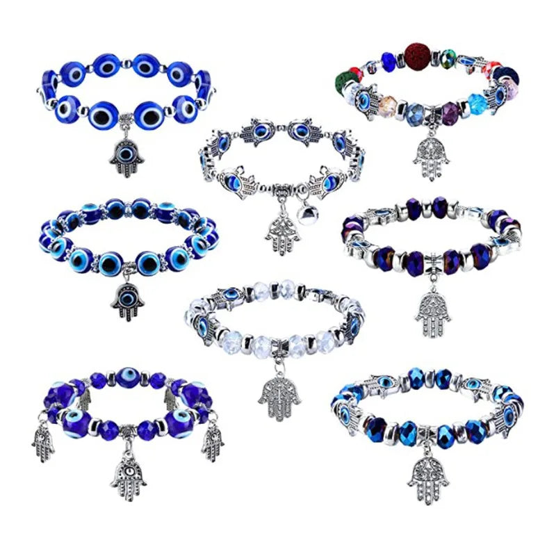 2025 Crystal Hot Sale Blue Eye Resin Beads Fashion Bangles Fatima Hand Braceletcharm Evil Eyes Beads Charms Bracelet Adjustable