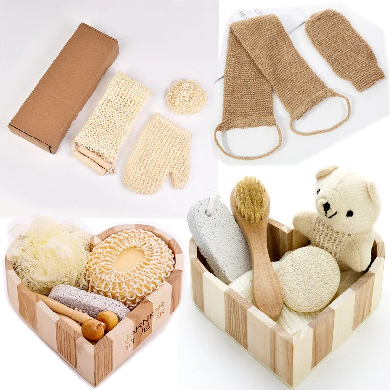 YUE Custom New Ramie Full Sisal Clean Rrubbing Mud Bath Set Bath Pull Back Strip Jute Sponge Wooden Barrel Bath Set