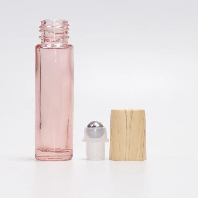 WOOD CAP 10ml Pink Glass Essential Oil Use Roll on Bottle With Crystal Gemstone Roller Ball and Rose Gold Cap