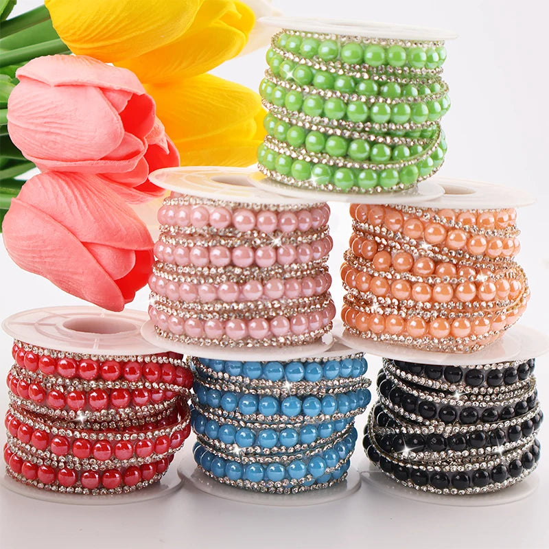 ABS Pearl Crystal Rhinestone Chain 6mm Sewing Banding Trim 3 Yards Per Roll for Wedding Hats Nail Art Bags Garments Shoes