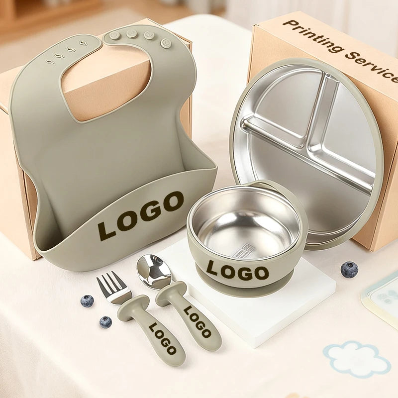 Custom Logo Printed 4Pcs Bpa Free Toddler Kids Baby Feeding Set Box Suction Food Grade Silicone Heat-resistant Bowl