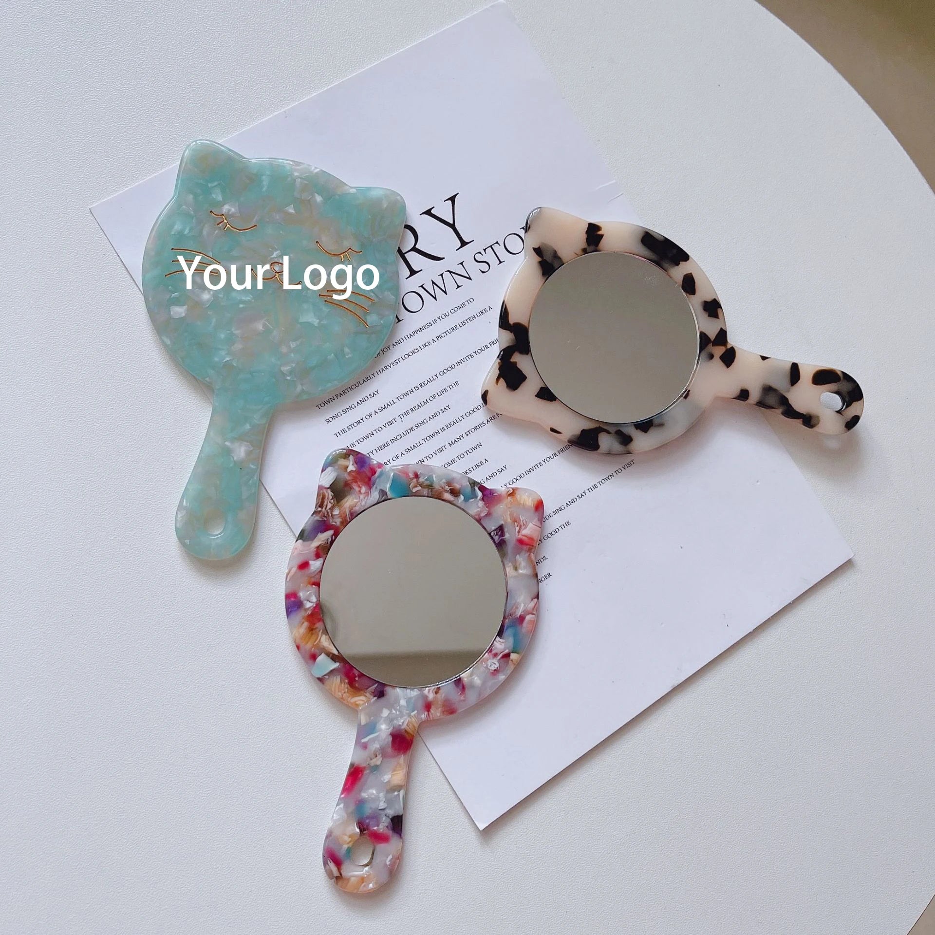 Zonyin Custom Logo Portable Cat-Shape Handheld Makeup Mirror Acetate Handle Small Cute Cosmetics Mirror for Women's Travel Use