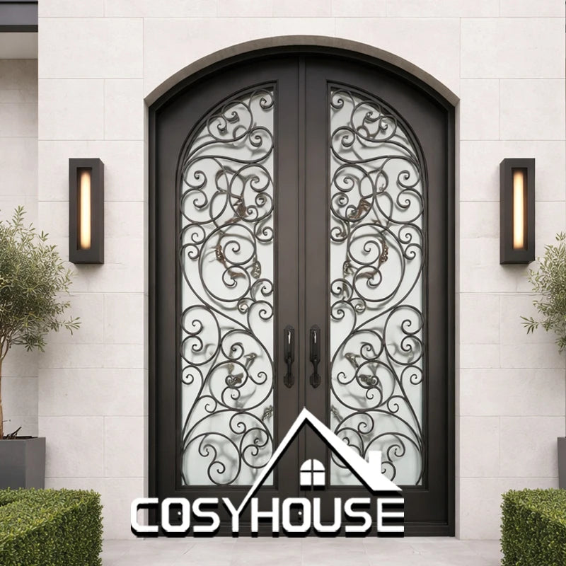 Luxury Arched Wrought Iron Door Double Entry Steel Glass Villa Entrance Door Decorative Exterior Door Custom Cosyhouse