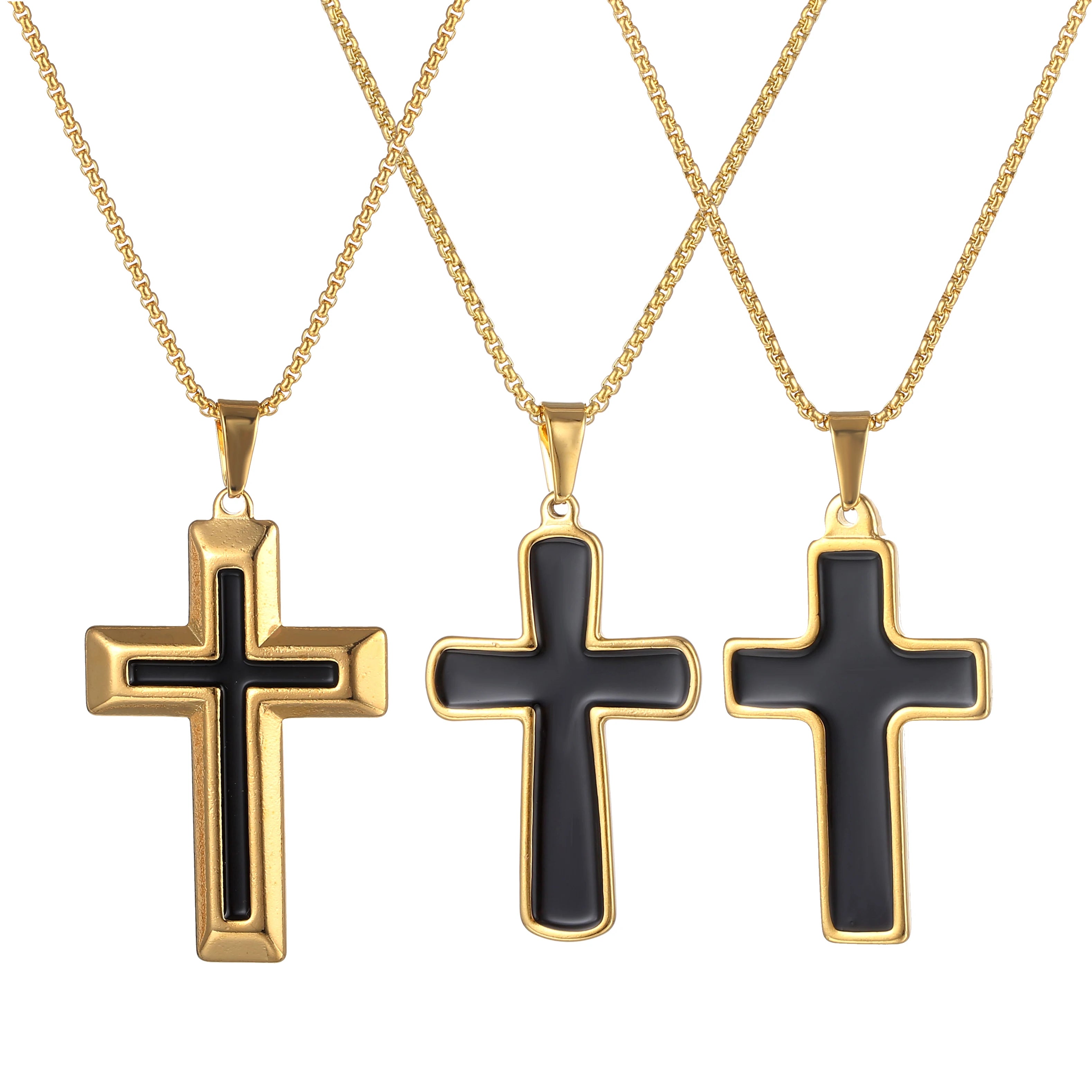 Vintage 18K Gold Cross Necklace for Men Women Black Enamel Cross Pendant Necklace Religious Cross Jewelry Gifts