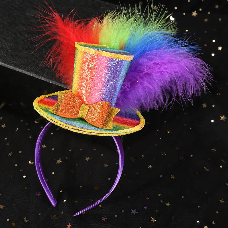 MH-0274 Party Carnival Striped Polyester Funny Rainbow Sequin Feather Mini Top Hat Headband