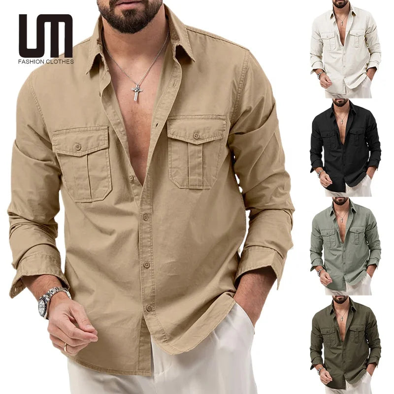 OEM ODM Autumn Fashion Casual Long Sleeve Vintage Shirts with Turn Down Collar Pocket New Arrivals