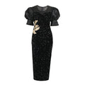 Long Black Classy Embroidered Sequined Puff Sleeve Women Evening Dress