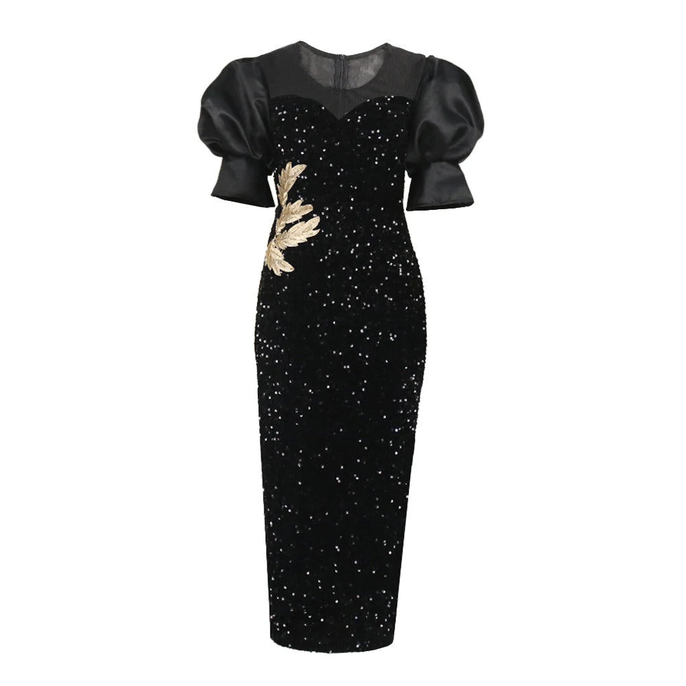 Long Black Classy Embroidered Sequined Puff Sleeve Women Evening Dress