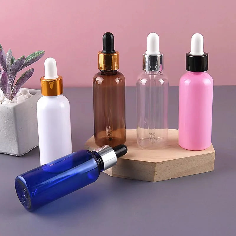 From Stock 50ml 100ml 2 oz Luxury PET Round Amber Essential Oil Serum Plastic Dropper Empty Bottle