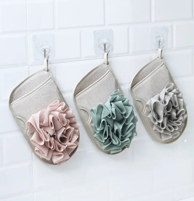 Double Sided Bath Loofah Shower Sponge Body Scrubber Mitt Exfoliating Mesh Pouf Sponge with Flower Bath Ball