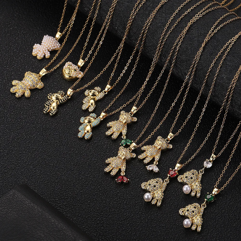 Colorful Teddy Bear Pendants Necklace of Different Shapes Cubic Zircon Necklace for Women 2024