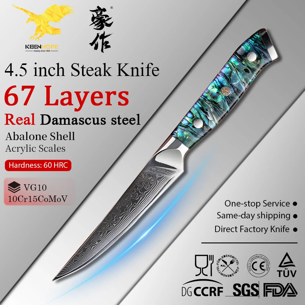 KEENHOPE Professional Japanese Damascus 4.5Inch Steak Knife 67 Layers VG10 Steel Sharp Kitchen Knife with Abalone Shell Handle MegaBDM