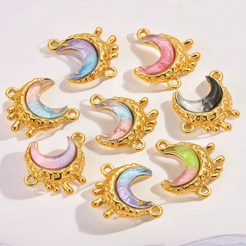 Stainless Steel Starry Sky Multi Color  Dreamy Moon Double Hole Pendant Diy Necklace Bracelets Making Accessory