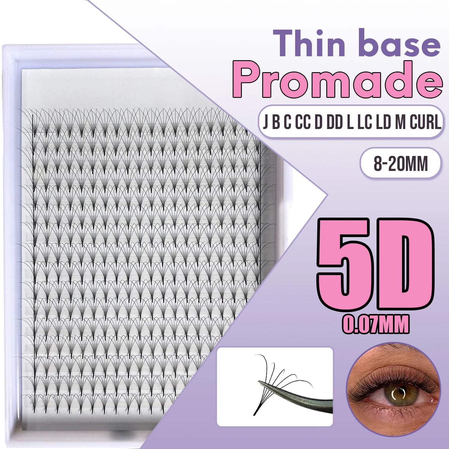 5D Slim Base Middle Long Stem 0.07 Volume Premade sharp Base Eyelash Extensions Needle Pointy Stem Promade Volume Fans Large Box