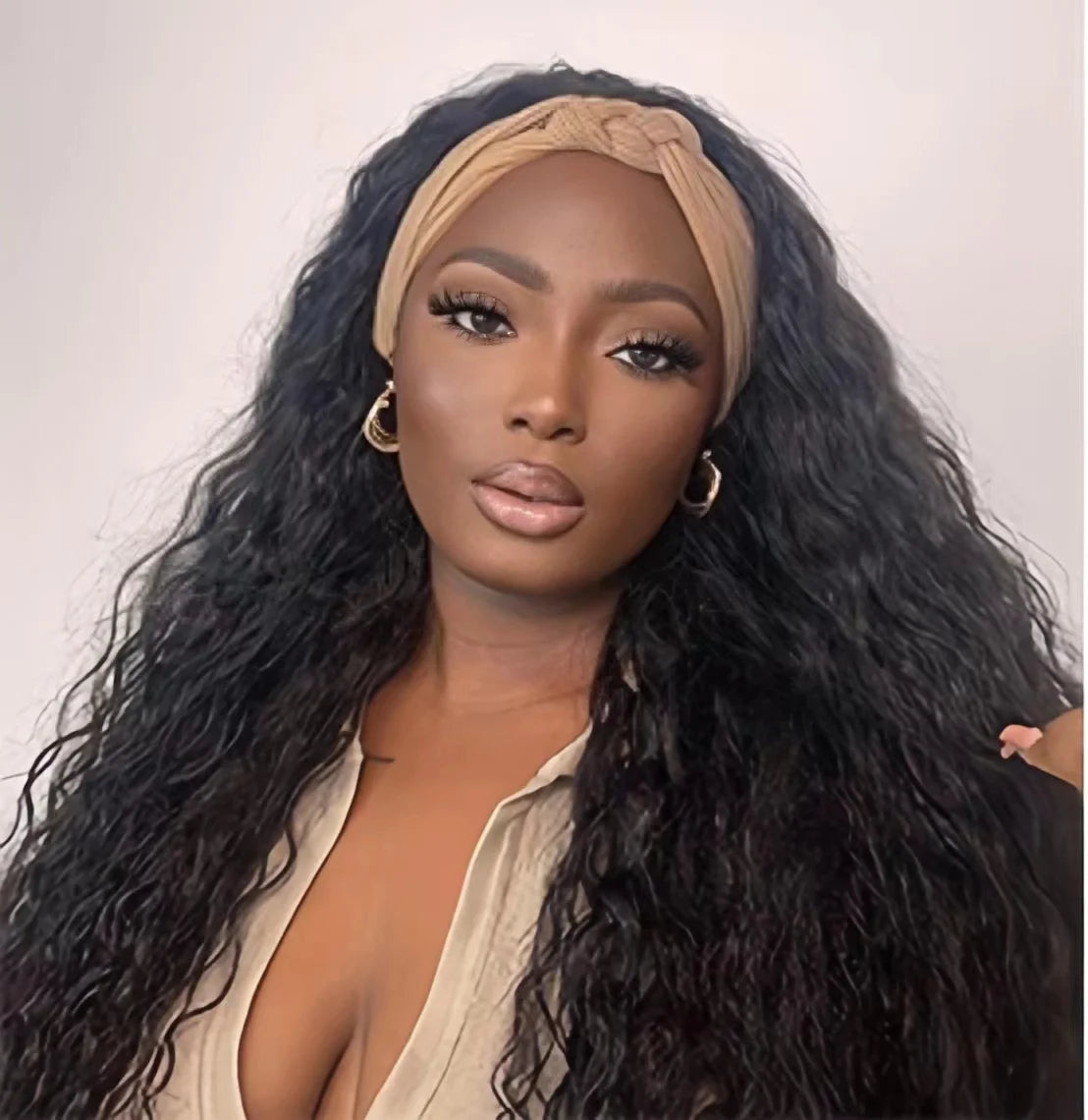 Super Long Kinky Curly Glueless Wig with Water Wave Headband Synthetic  Material for Afro Women