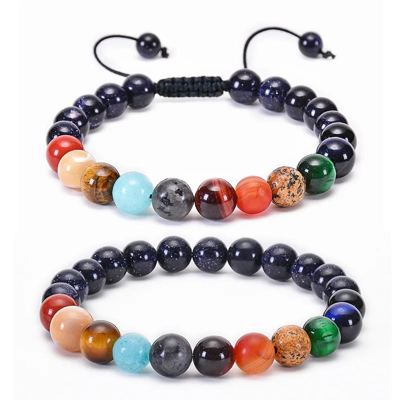 8mm Nature Gemstone Solar System Double Row Bracelets Blue Sandstone Hand Woven  Adjustable Bracelet for Women Men