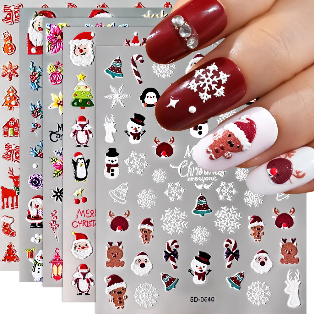 5D Christmas Nail Art Stickers Snowflake Nail Decals Xmas Hat Gloves Elk Tree Snowman Nail Sticker Decoration