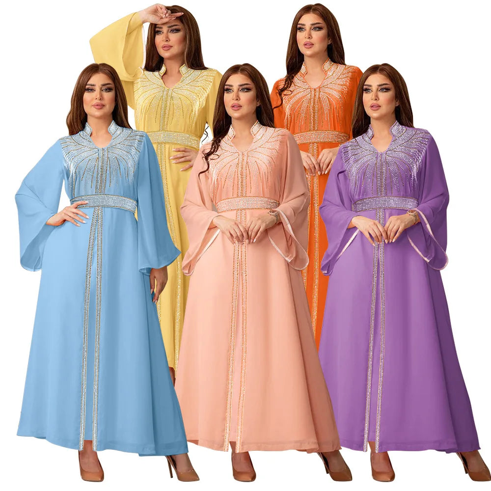 Women Elegant Diamond Long Dress Islamic Clothing Dubai Muslim Dress