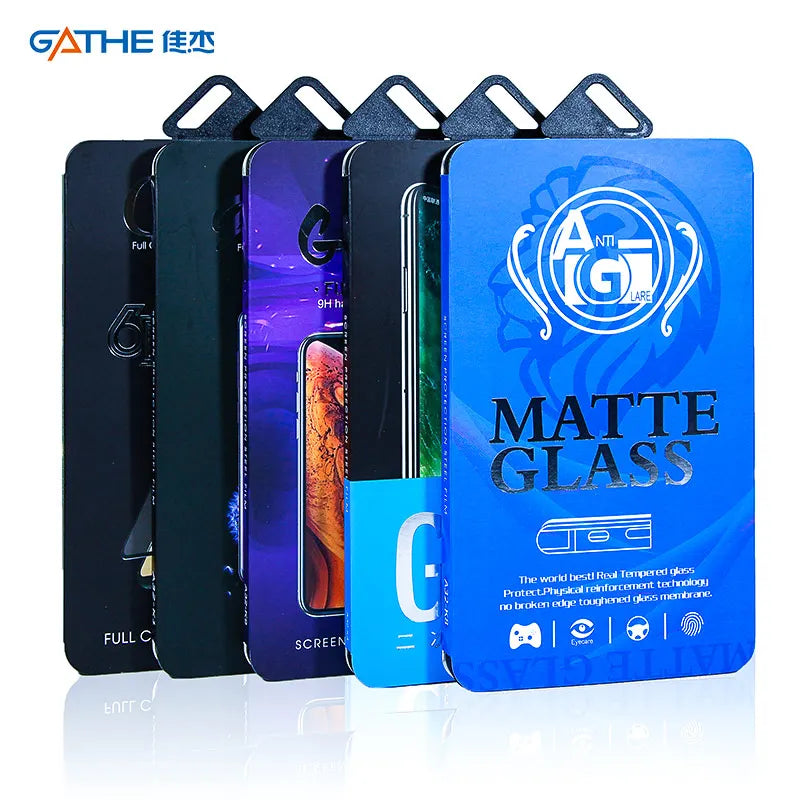 Custom Silver Pressed Blue Smart Phone Tempered Glass Packaging Plastic Box Cover With Coated Paper and Plastic Hook