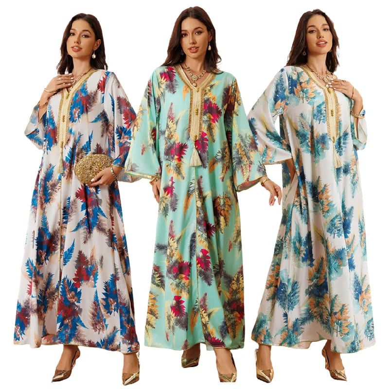 AB434 Middle Eastern Abaya Women Muslim Dress Rhinestone Beaded Printed Robe Abaya Elegant Kaftan Dresses Women Long Dresses