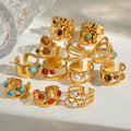 MC268 Wholesale Stainless Steel 18K Gold Plated Ring Round Blue Red Turquoise Polished Open Waterproof Ring Women Jewelry Ring
