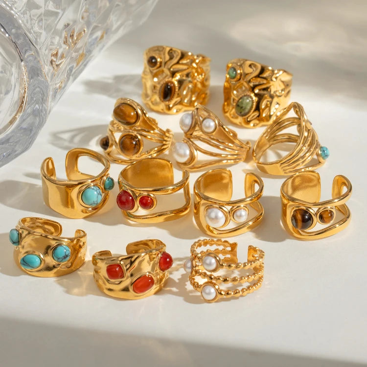 MC268 Wholesale Stainless Steel 18K Gold Plated Ring Round Blue Red Turquoise Polished Open Waterproof Ring Women Jewelry Ring