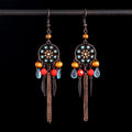 Bohemian Retro Metal Tassel Earrings Hollow Drop Bronze Leaf Vintage Jewelry Wooden Beaded Dangle Earrings for Party Wedding