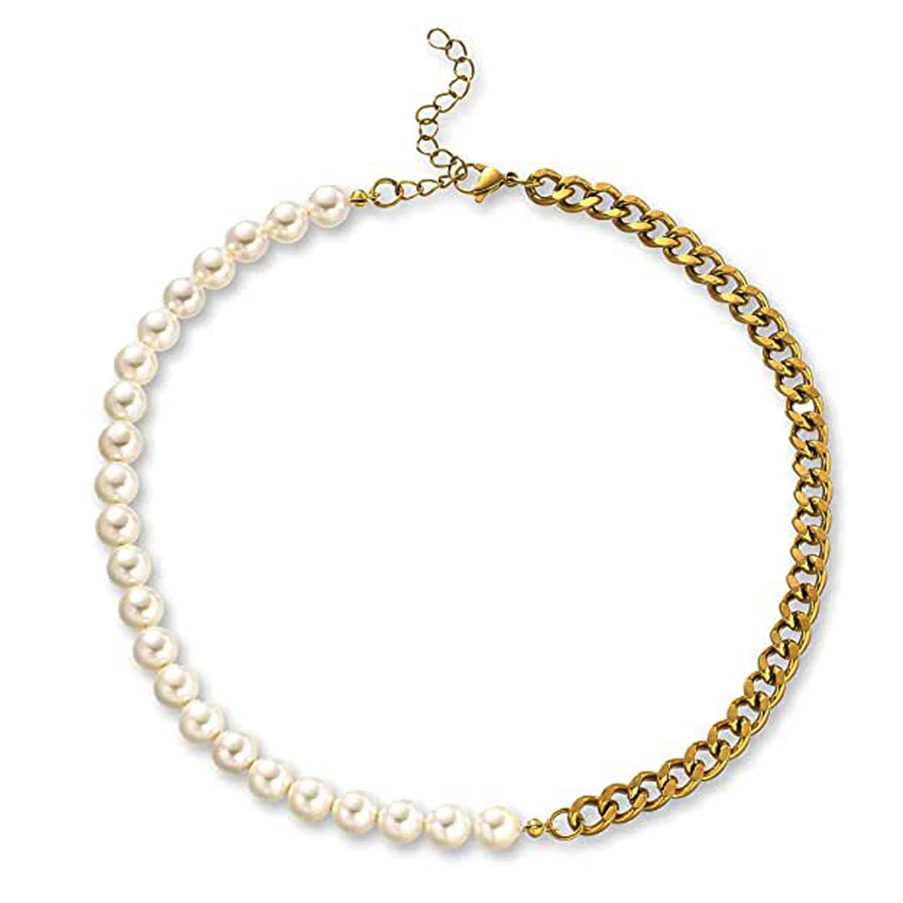 Handmade Freshwater Pearl Necklace Half Pearl Half Chain Necklace Mens Cuban Link Chain With Pearl for Men