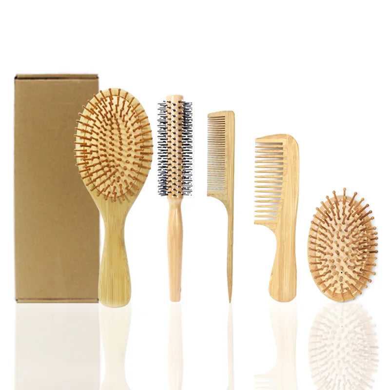 Custom Logo Natural Bamboo Brush Set and Hair Comb Wood Hair Brush Paddle Detangling Hair Wooden Comb Set