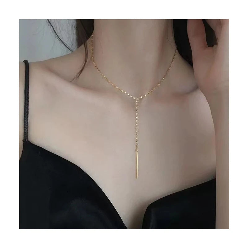 Summer Trendy Geometric Long Pendant Choker Necklace Minimalist Stainless Steel Y Shaped Sequin Chain Necklace for Women