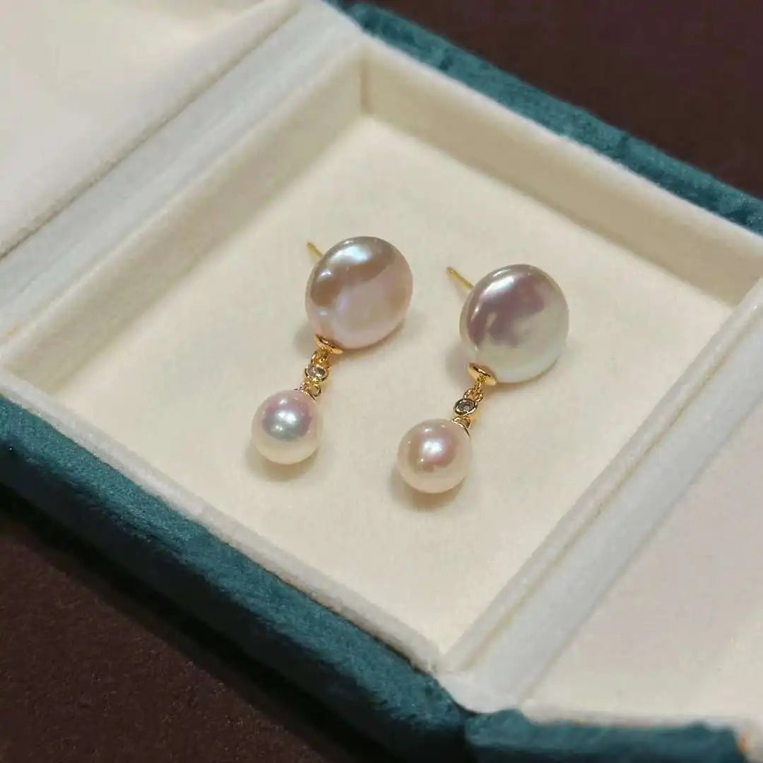 Button Queen Baroque Cut Diamond & 7mm Natural Rice Shaped Freshwater Pearl Earrings Gold Plated for Weddings