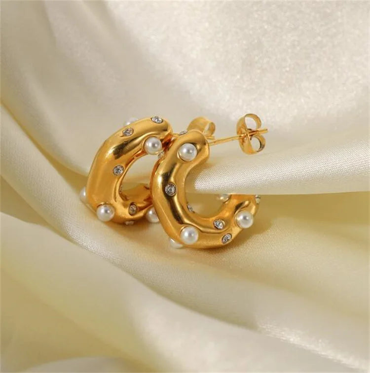 Gold Plated Inlaid with Zircon and Pearl C-shaped Earrings 18K Gold Stainless Steel Earrings