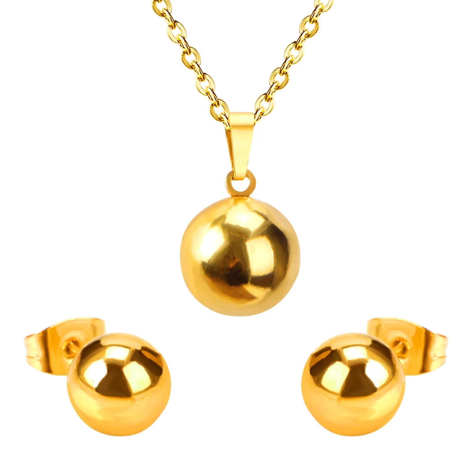 Wholesale Fashion Stainless Steel 18k Gold Plated Necklace and Earring Sets Smooth Chunky Ball Jewelry Sets for Women Girl