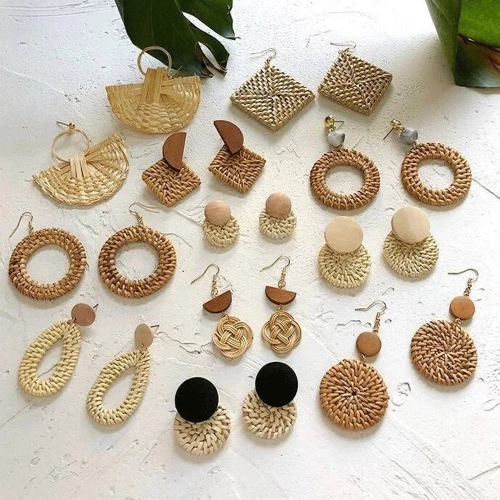 HOVANCI Boho 7 Handmade Straw Shell Wooden Rattan Geometric Earrings Bulk for Woman Fashion Jewelry Making